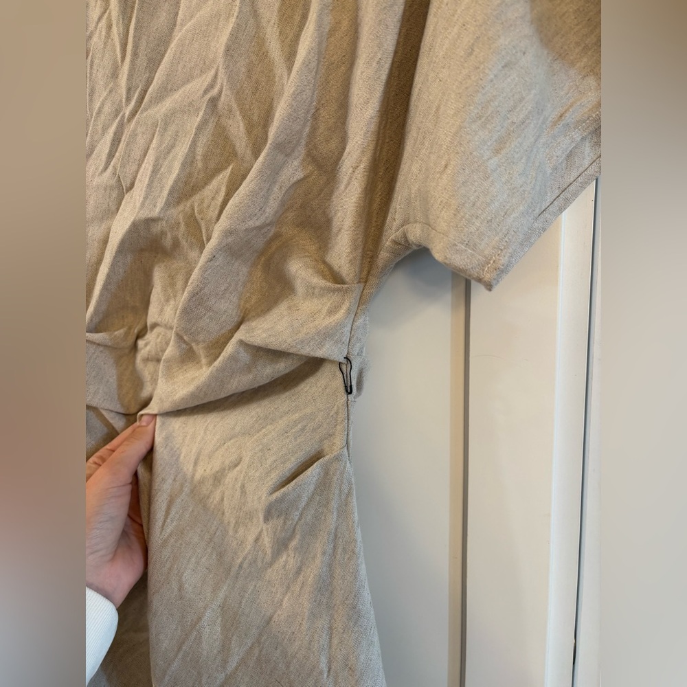 new Staud Amelie draped linen blend midi dress in natural oatmeal heather - Picture 8 of 12